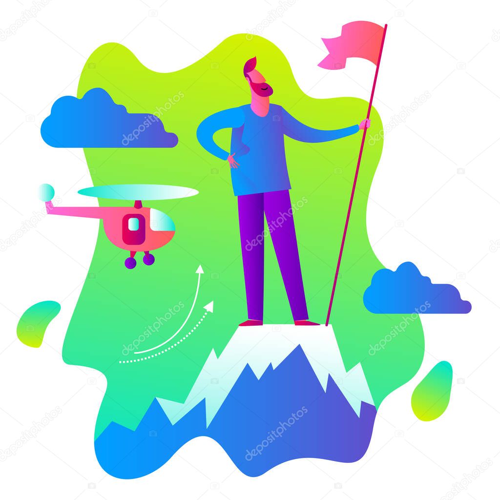 Business infographics with illustrations of business situations. Businessman stands on top of success mountain with flag. Top manager, leader achieved the goal. Vector illustration flat design.