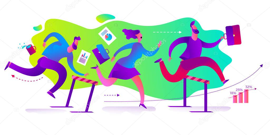 Business infographics with illustrations of business situations. Businessman running and jumping over obstacles, competition, competition. A man and a woman run, compete, reach the goal. Business people. Vector illustration of flat design.
