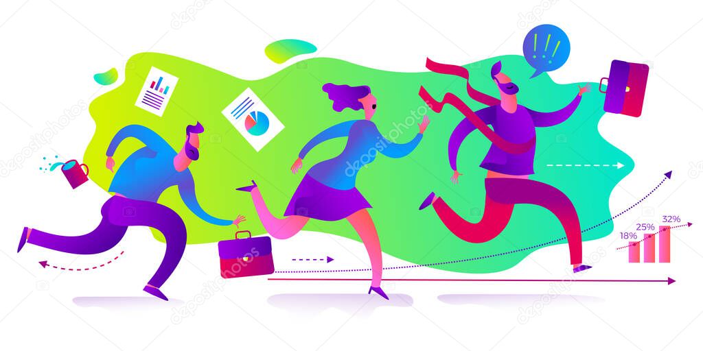 Business infographics with illustrations of business situations. A businessman runs forward to success, win. Competition, competitive struggle, sprint. A man and a woman run, compete, reach the goal. Business people. Vector illustration of flat d