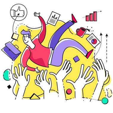 Kazanan bir iş adamının hayranları tarafından fırlatılmasının bir örneği. Şampiyonu onurlandırıyorum. Eller bir insanı havaya kaldırır..