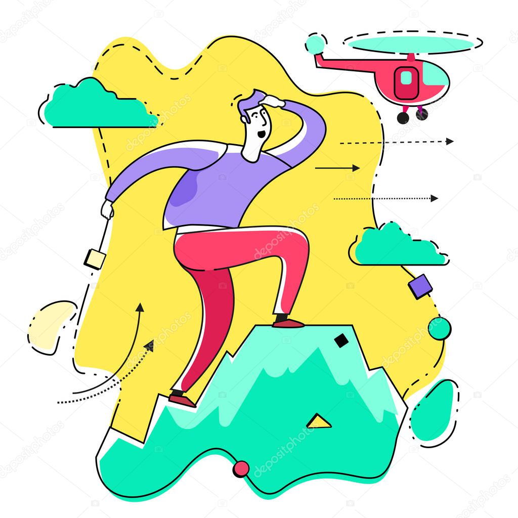 Business infographics with illustrations of business situations. Businessman stands on top of success mountain. Top manager, leader achieved the goal. Vector illustration flat design.