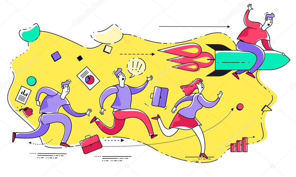 Business infographics with illustrations of business situations. A businessman runs forward to success, victory. Competition, competitive struggle. A man and a woman run, compete, reach the goal. The male leader is flying on a rocket. Business people
