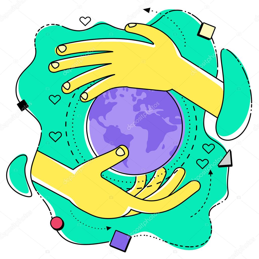 Ecological illustration. Earth day. The hands of the person hugging the planet Earth. Care and love planet. Ecological thinking. Concern for environment. Planting trees. Environmental activist. Green.