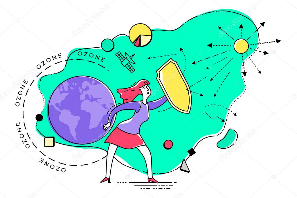 Ecological illustration. Ozone depletion. Ozone hole. Woman with a shield covers planet from influence of sun. Environmental pollution. Global warming, CO2. Environmental problem. ECO activist. Green.