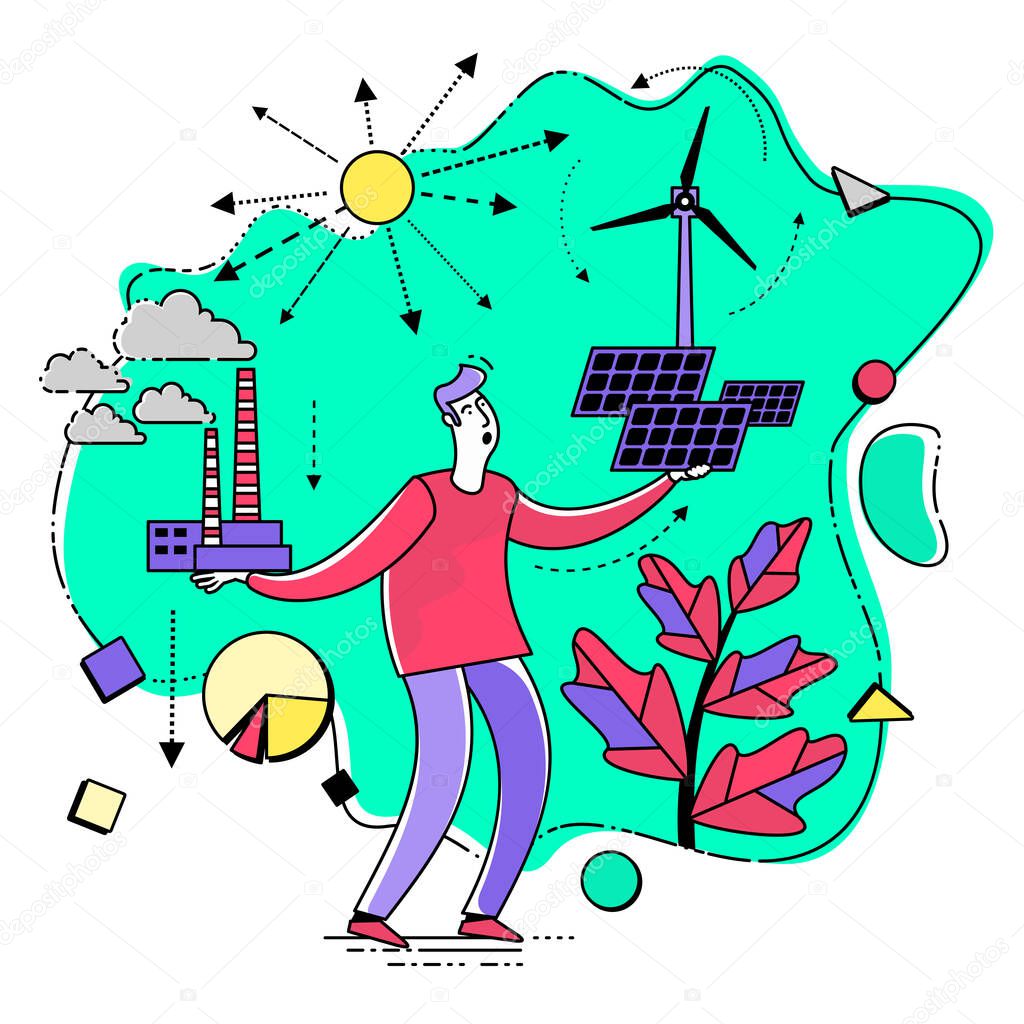 Ecological illustration. Man chooses between polluting and clean energy. Alternative types of energy. Eco city. Global warming. Environmental problem. ECO activist. Green. Solar panel, wind generator.