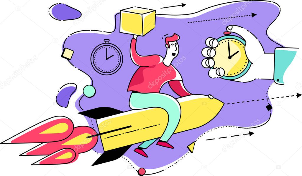Illustration for an app, infographic, or landing page, with a character: a person quickly delivers a parcel or pizza. Express food delivery, online shopping.