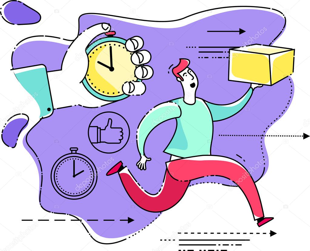 Illustration for an app, infographic, or landing page, with a character: a person quickly delivers a parcel or pizza. Stopwatch. Express food delivery, online shopping.