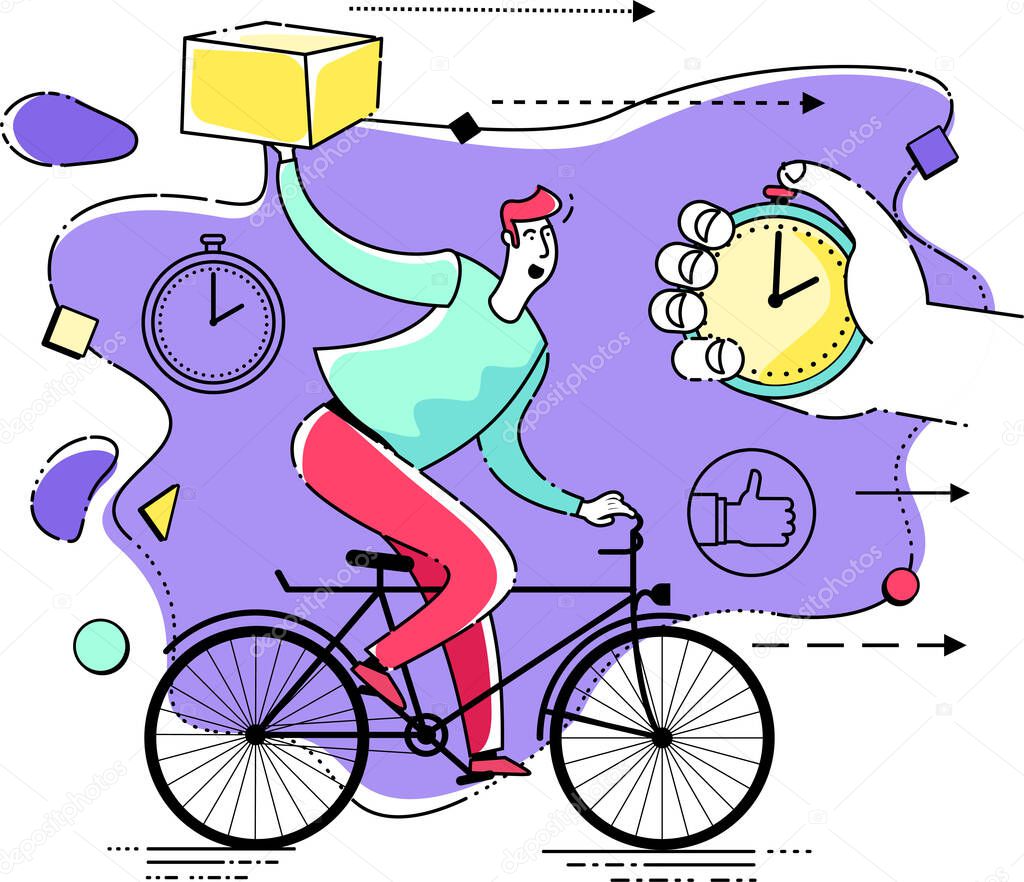 Illustration for an app, infographic, or landing page, with a character: a person quickly delivers a parcel or pizza. Express food delivery, online shopping.