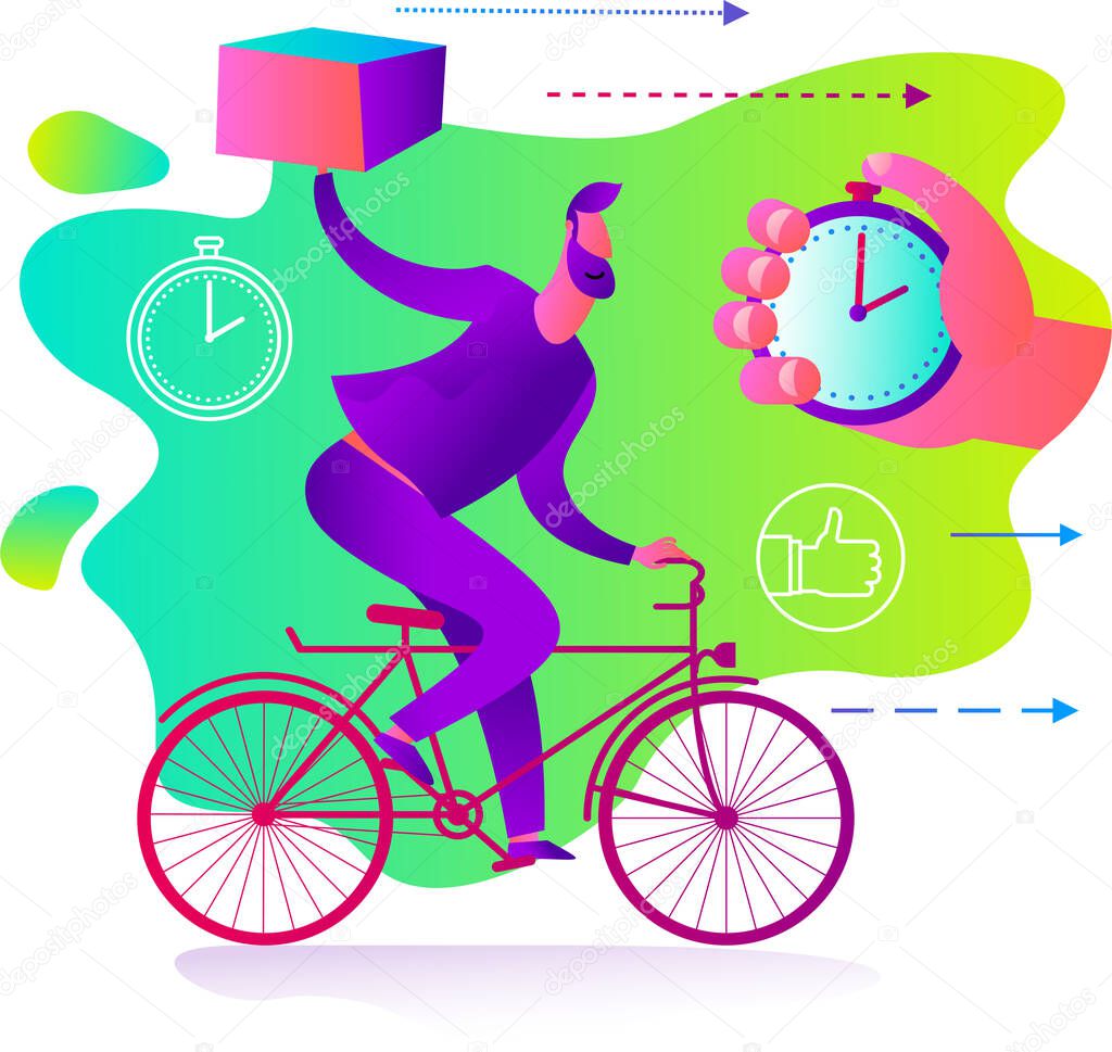 Illustration for an app, infographic, or landing page, with a character: a person quickly delivers a parcel or pizza. Express food delivery, online shopping.