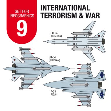 # 9 infographics için ayarla: Uluslararası terörizm ve savaş. Askeri uçak.