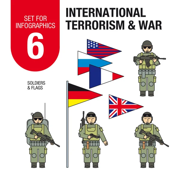 设置图表 # 6: 国际恐怖主义和战争。士兵和军事装备. — 图库矢量图片