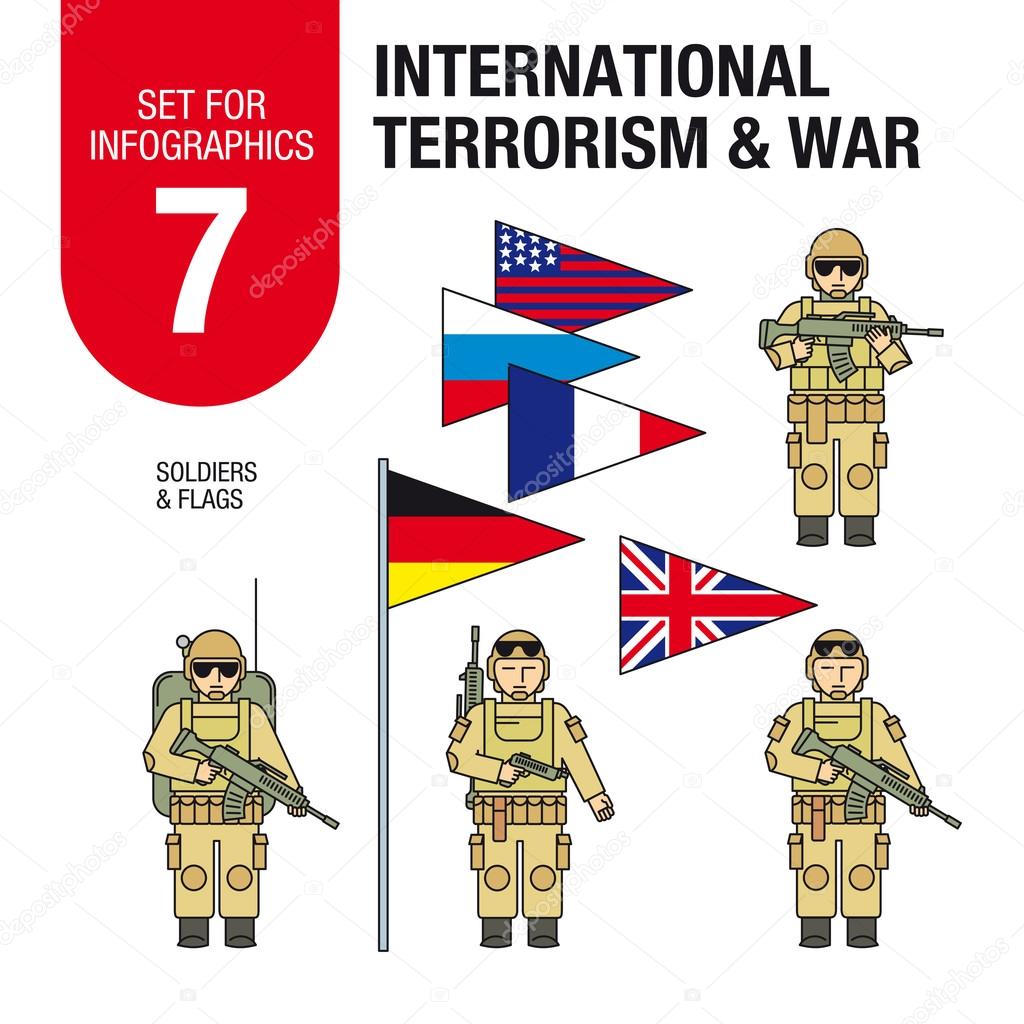 Set for infographics #7: international terrorism and war. Soldiers and military equipment.