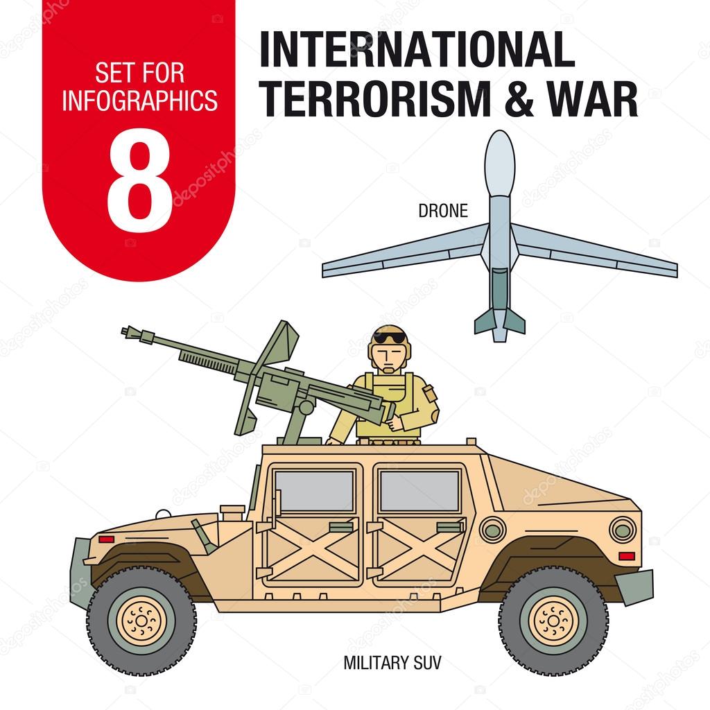 Set for infographics # 8: international terrorism and war. Soldiers and military equipment.