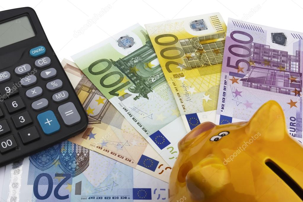 Piggy bank and Euros (EUR).