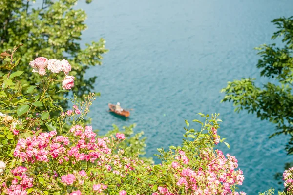 Belle vue sur le lac Bled et le bateau — Photo
