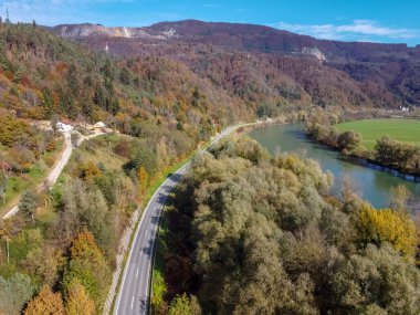 Nehir boyunca bölgesel yol ve sonbahar ormanı