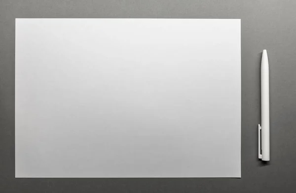 Papel branco em branco com caneta esferográfica na mesa — Fotografia de Stock