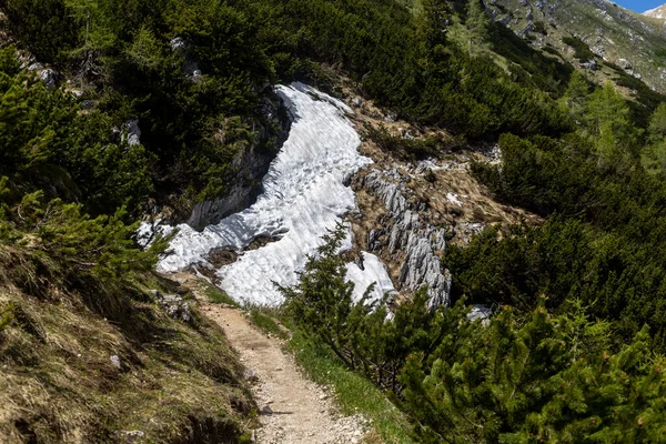 Wysoko w górach kawałki stopionego śniegu — Zdjęcie stockowe