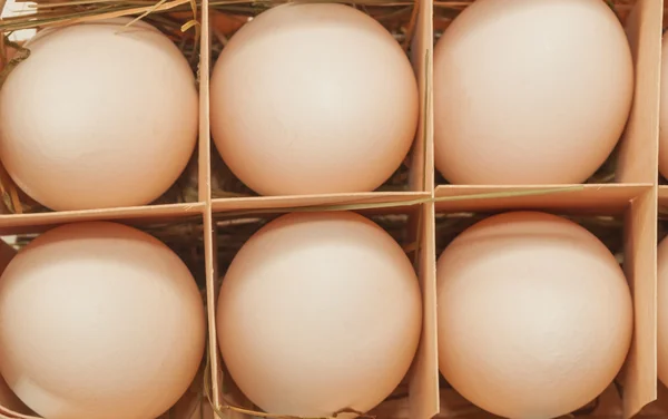 Houten ei dienblad met eieren — Stockfoto