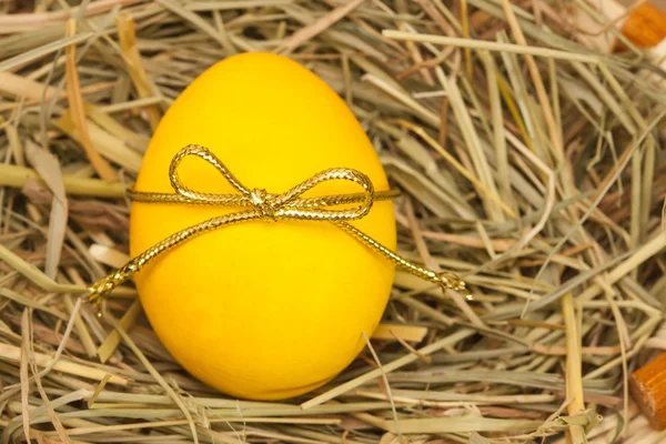 Ovo amarelo com bowknot no fundo do feno — Fotografia de Stock