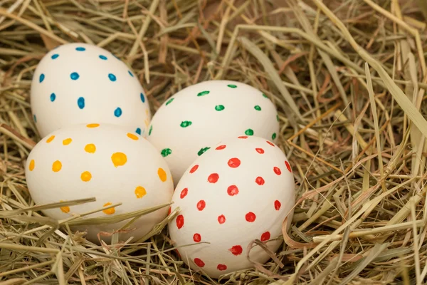 Четыре пятнистых пасхальных яйца на сене — стоковое фото