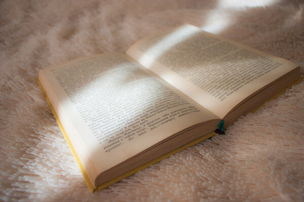 Open book on a warm soft blanket, illuminated sunlight
