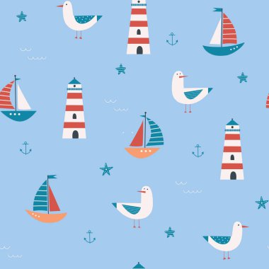  Martılarla, deniz fenerleriyle, yelkenlilerle, denizyıldızlarıyla, dalgalarla, çapalarla çocukların kusursuz desenleri. Denizci vektör deseni. Çocuklar ve bebekler için bir model. Çocuksu geçmiş.