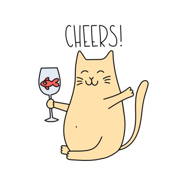  Balıklı bir bardak şarap tutan sevimli bir kedi. Karalama tarzında vektör karikatür çizimi. Posterler, tekstil ve tişörtler için iyidir..