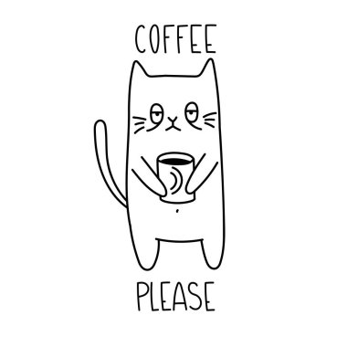  Elinde bir fincan kahve tutan uykucu kedi. Karalama tarzında vektör karikatür çizimi. Sevimli hayvanlar. Posterler, tekstil ve tişörtler için iyidir..