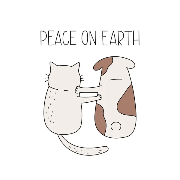 Cute Cat Dog Sitting Together Lettering Peace Earth Hand Drawn — Vettoriale Stock