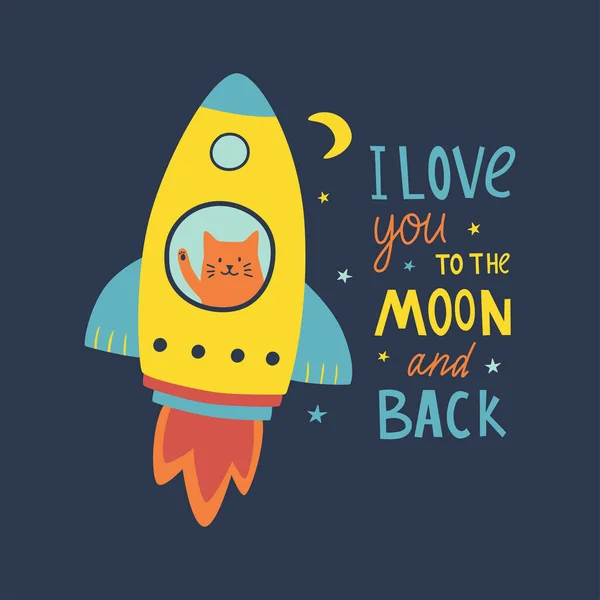 Ich Liebe Dich Zum Mond Und Zurück Nette Katze Fliegt — Stockvektor