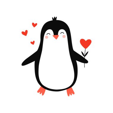 Sevimli penguen. Penguen aşık. Romantik baskılar için vektör el çizimi, sevgililer günü kartları. Posterler, tişörtler, kartpostallar için iyidir..