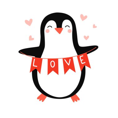 Sevimli penguen. Penguen aşık. Romantik baskılar için vektör el çizimi, sevgililer günü kartları. Posterler, tişörtler, kartpostallar için iyidir..