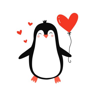  Sevimli penguen. Penguen aşık. Romantik baskılar için vektör el çizimi, sevgililer günü kartları. Posterler, tişörtler, kartpostallar için iyidir..