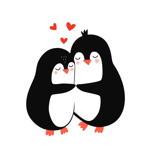 Penguin Yang Lucu Penguin Jatuh Cinta Vektor Gambar Tangan Ilustrasi - Stok Vektor