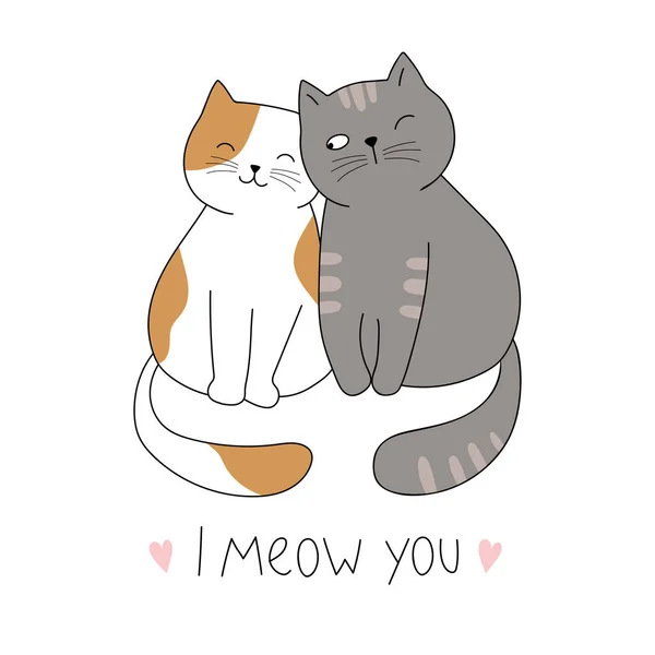 Para Zakochanych Kotów Listem Miauczę Cię Wektor Ręcznie Rysowane Ilustracji — Wektor stockowy