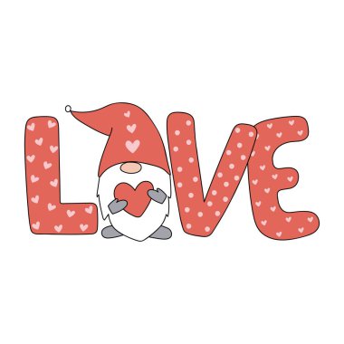  Sevimli Sevgililer Günü Gnome 'u. Sevgiler. İskandinav tarzında vektör illüstrasyonu. Çizgi film tarzı. Selamlar, kartpostallar, kartpostallar için resim.