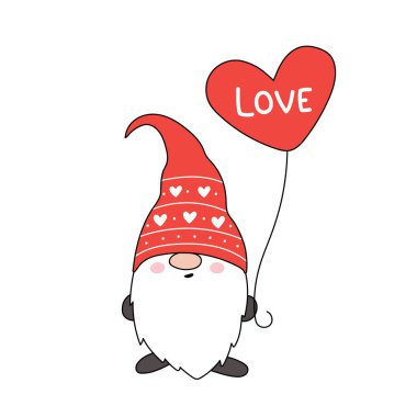  Sevimli Valentine Gnome. Cüce balon tutuyor. İskandinav tarzında vektör illüstrasyonu. Çizgi film tarzı. Selamlar, kartpostallar, kartpostallar için resim.