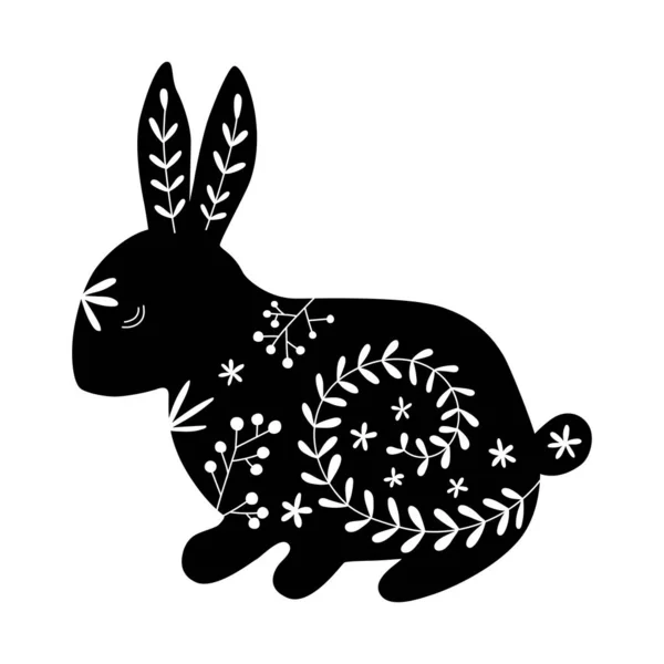 Silueta Conejo Conejitos Pascua Silueta Conejo Con Patrón Flores Ilustración — Vector de stock