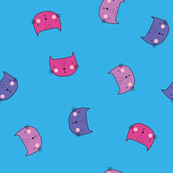 Kočka Plochý Ručně Kreslený Vektor Bezešvé Vzor Roztomilé Kočky Modrém — Stockový vektor