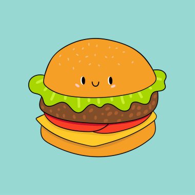  Çizgi film tarzında hamburger. Gözlü çizgi film burgeri. Beyaz arkaplandaki izole nesneler. Vektör çizimi. Posterler, tişörtler, kartpostallar için iyi. Kedi kafesi menüsü için tasarım kavramı.