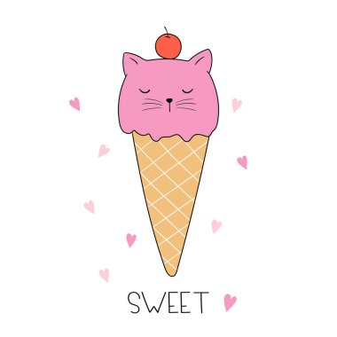  Cat ice cream. Ice cream cone shaped as cat. Doodle cartoon style. Isolated objects on white background. Vector illustration. Good for posters, t shirts, postcards. clipart