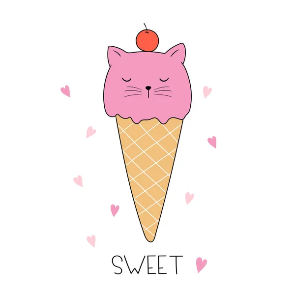 Gelato Gatto Cono Gelato Forma Gatto Doodle Stile Cartone Animato — Vettoriale Stock