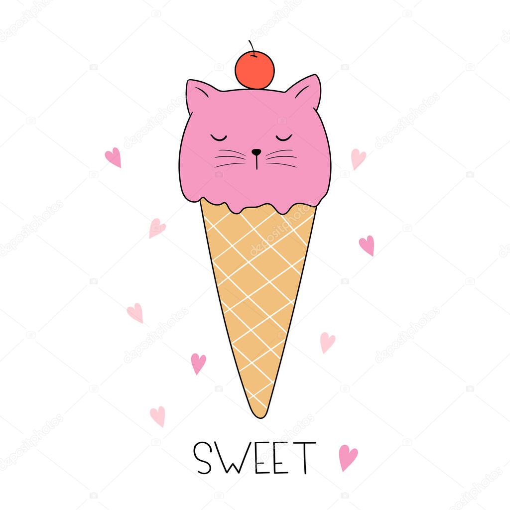 Vettoriale stockGelato Gatto Cono Gelato Forma Gatto Doodle Stile