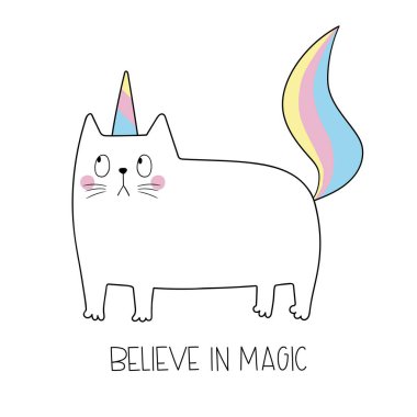  Şirin kedi tek boynuzlu at. Tekboynuz gibi komik bir kedi. Büyüye inan. Komik vektör çizimi. Sevimli karalama hayvanı. Beyaz arkaplandaki izole nesneler. Posterler, tişörtler, kartpostallar için iyidir..