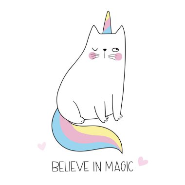  Şirin kedi tek boynuzlu at. Tekboynuz gibi komik bir kedi. Büyüye inan. Komik vektör çizimi. Sevimli karalama hayvanı. Beyaz arkaplandaki izole nesneler. Posterler, tişörtler, kartpostallar için iyidir..