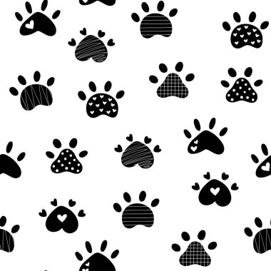  Pençe izi, kusursuz deseni tekrarlıyor. Siluet köpek pençesi. Doodle tarzı. Vektör illüstrasyonu.