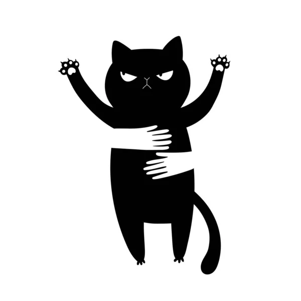 Gracioso Gato Negro Las Manos Abrazan Gato Enojado Estilo Dibujos — Vector de stock