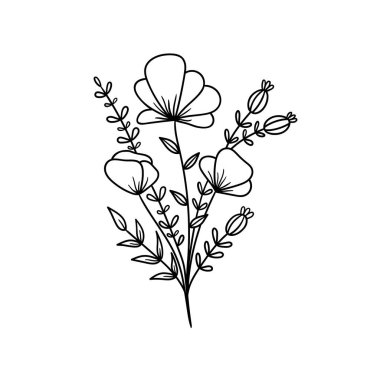  Çiçek buketi. Taslak çizim. Çizgi vektör çizimi. Beyaz arka planda izole edilmiş. Davetiye, düğün veya tebrik kartı tasarımı. 