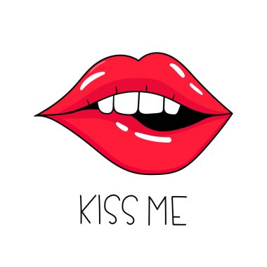  Öp beni. Kadının kırmızı dudakları. Seksi dudak öpüşmesi. Çizgi film tarzı. El çizimi vektör çizimi. Beyazda izole edilmiş. Sevgililer günü tebrik kartları. Gömlekler ve kartpostallar için iyi..